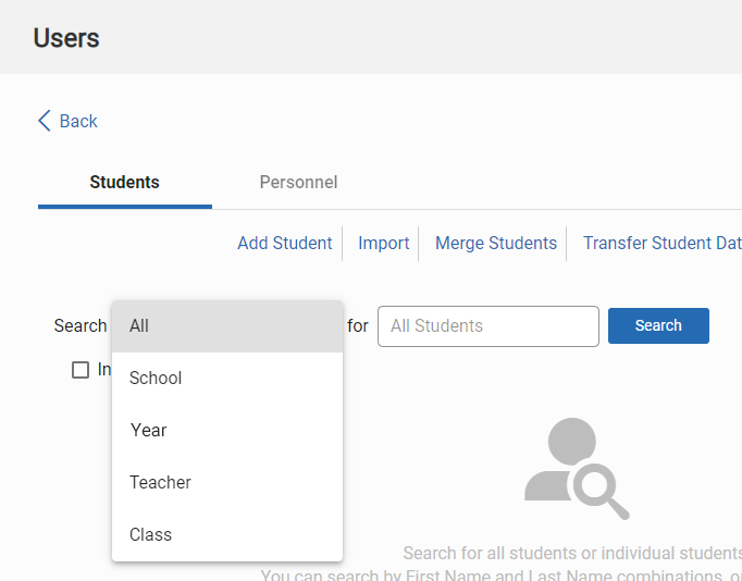 the search drop-down list for administrators