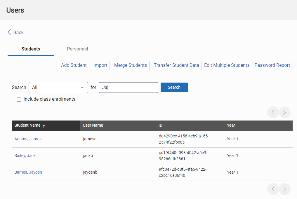 an example of student search results