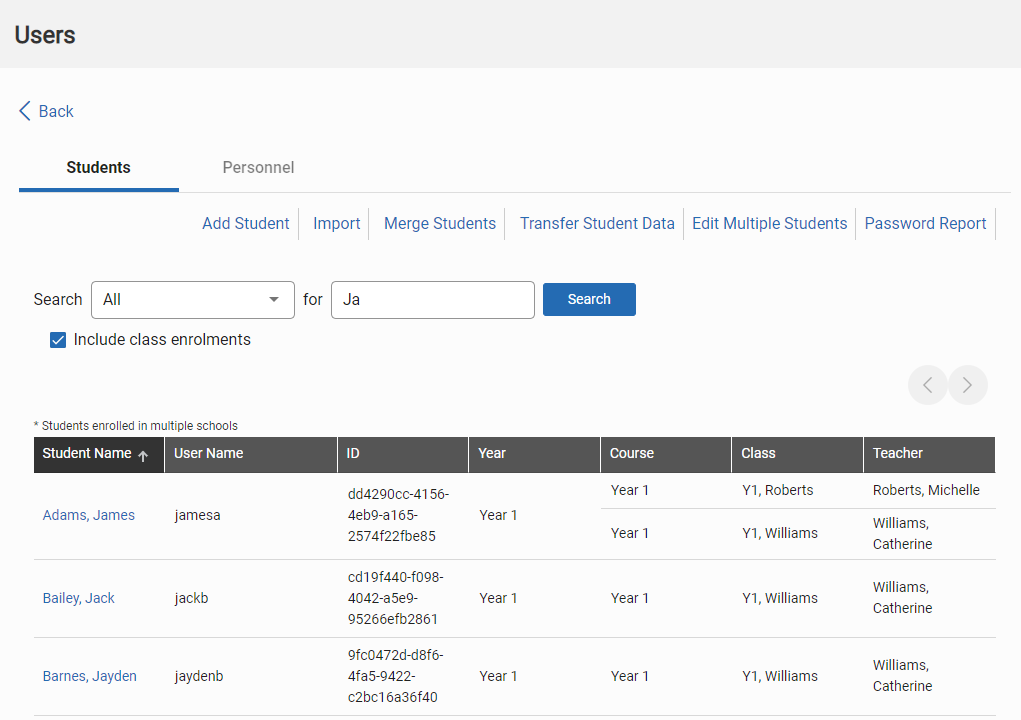 search results with class enrolments